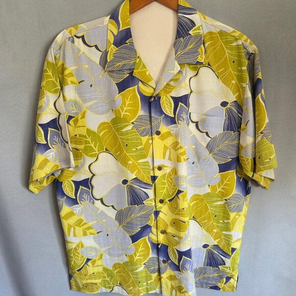 Tommy Bahama Shirt Men’s 100% Silk Hawaiian Floral Palm Fronds Yellow Blue Sz L - Picture 2 of 6